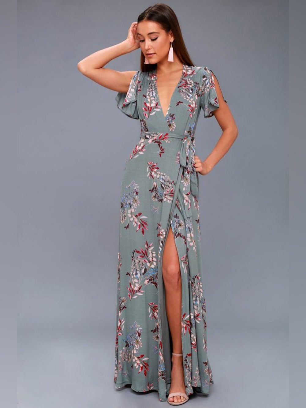 Lulus Fiorire Slate Blue Floral Print Wrap Maxi Dress S